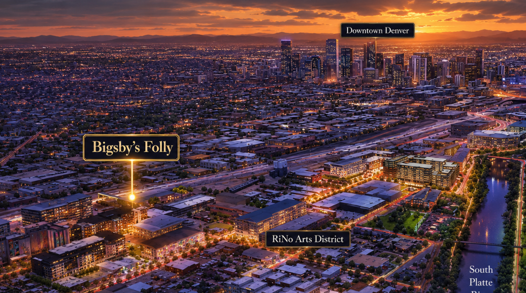 Aerial view at dusk of Denver's RiNo Art District with the downtown skyline beyond, Bigsby's Folly marked near the South Platte River