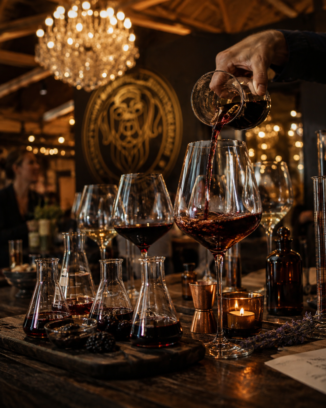 Wine being poured into a glass at a candlelit blending table set with beakers and flasks beneath crystal chandeliers