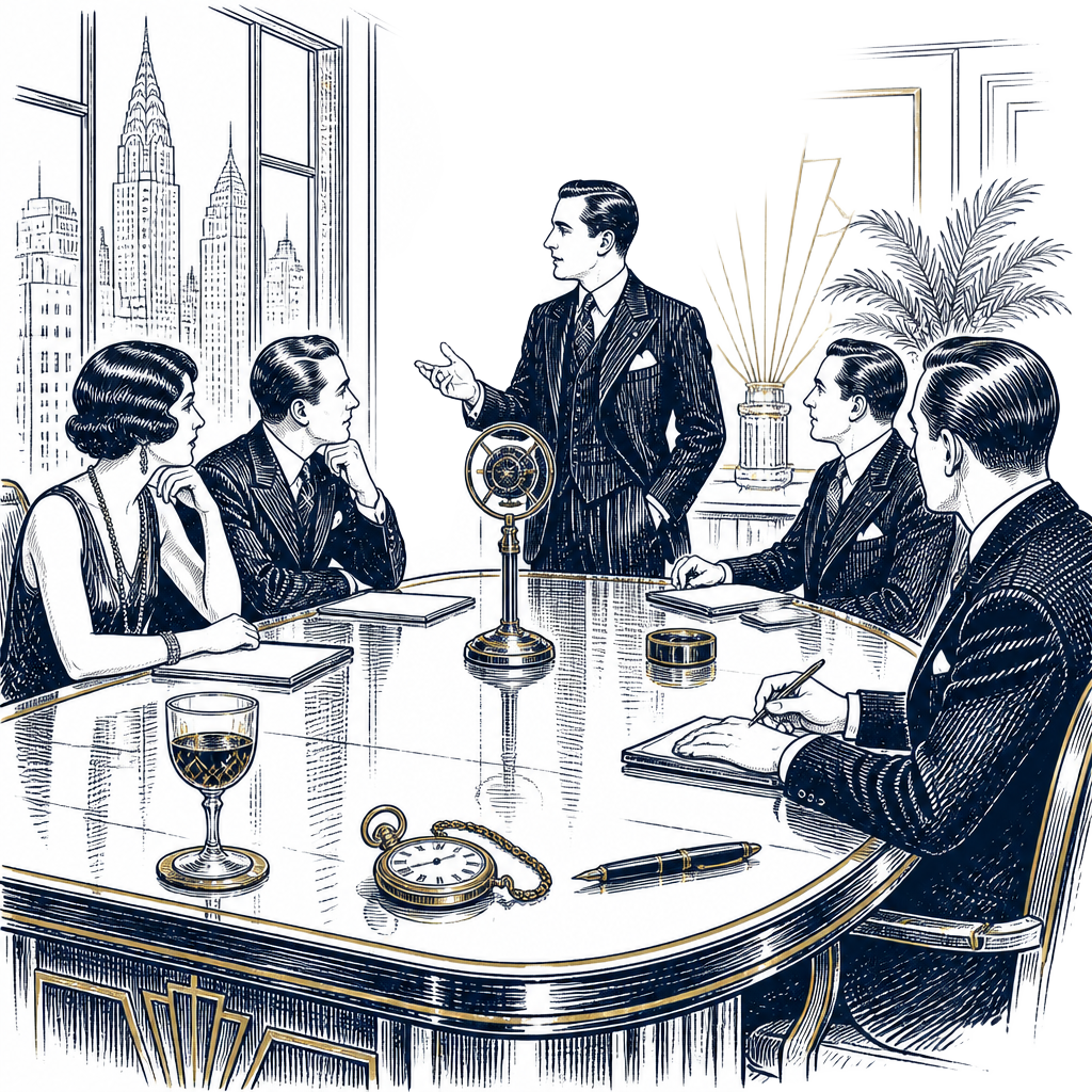 Pen-and-ink illustration of a 1920s boardroom meeting
