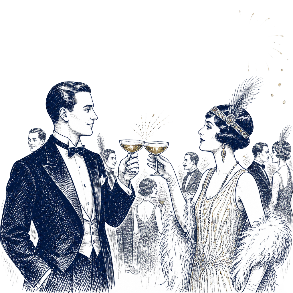 Pen-and-ink illustration of a 1920s couple toasting champagne coupes