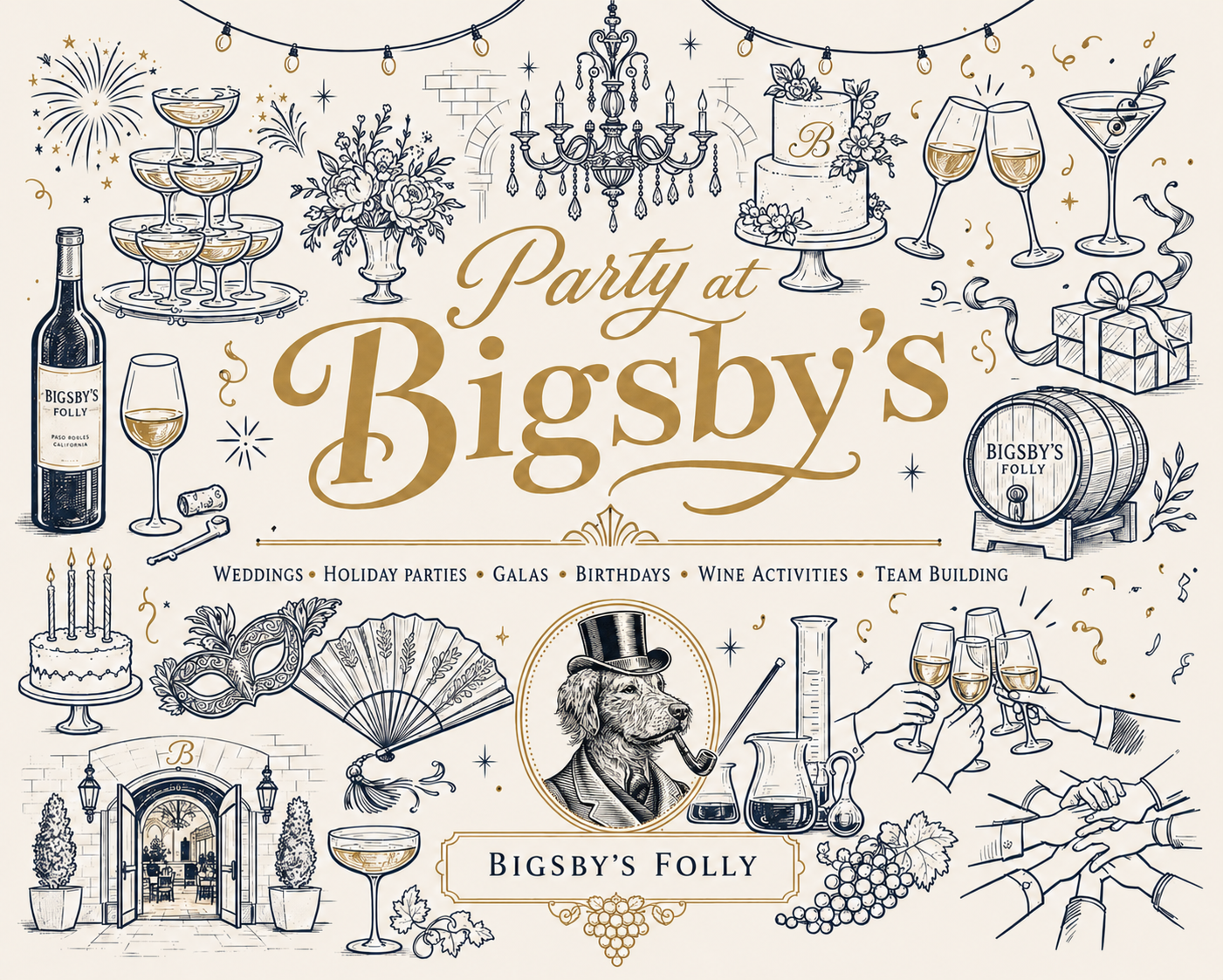 Hand-drawn Party at Bigsby's illustration sheet — champagne tower, chandelier, wedding cake, barrel and Bigsby the dog in a top hat
