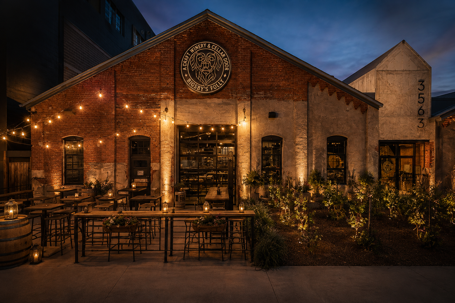 Bigsby's Folly today — the restored brick facade lit with string lights and courtyard seating at dusk