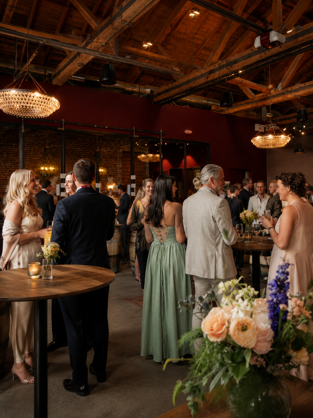 Guests mingling with drinks at a reception beneath crystal chandeliers and timber trusses in the winery's event space